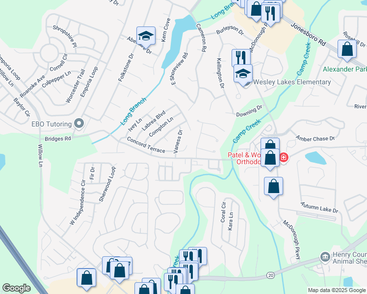 map of restaurants, bars, coffee shops, grocery stores, and more near 309 Concord Terrace in McDonough