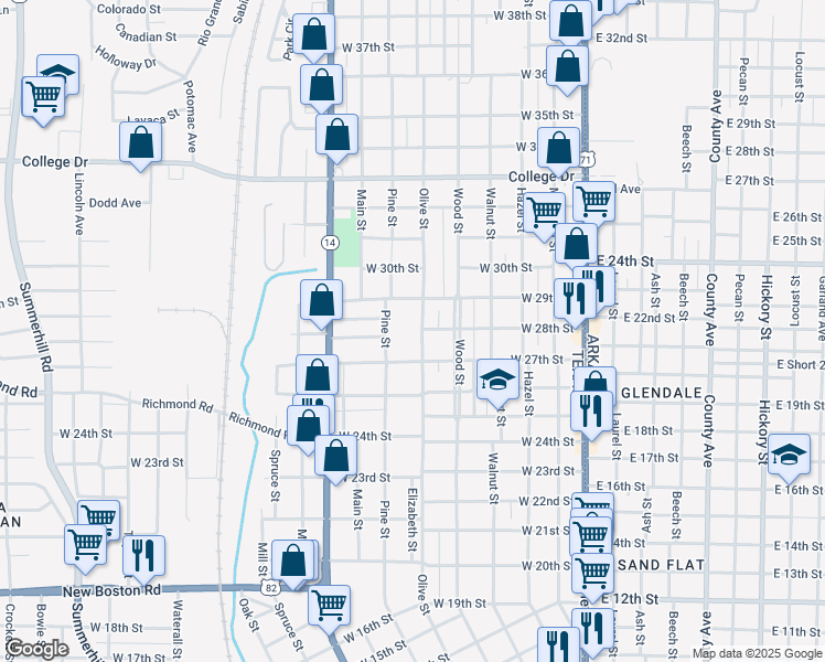 map of restaurants, bars, coffee shops, grocery stores, and more near 2801 Olive Street in Texarkana