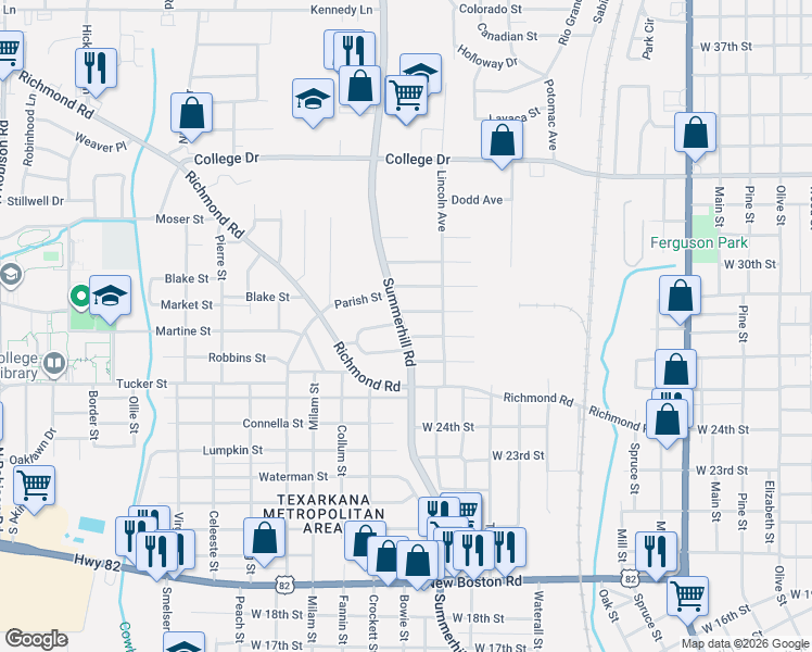 map of restaurants, bars, coffee shops, grocery stores, and more near 1912 Goree Street in Texarkana