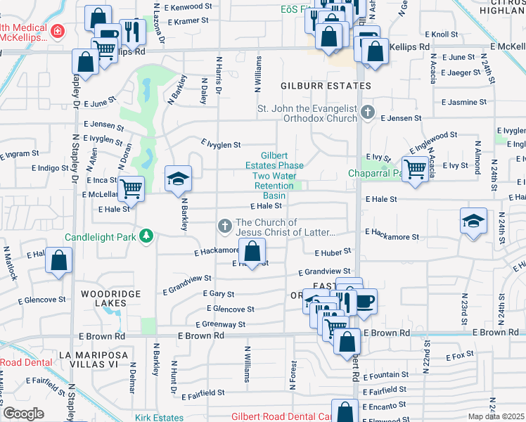 map of restaurants, bars, coffee shops, grocery stores, and more near 1720 East Hale Street in Mesa