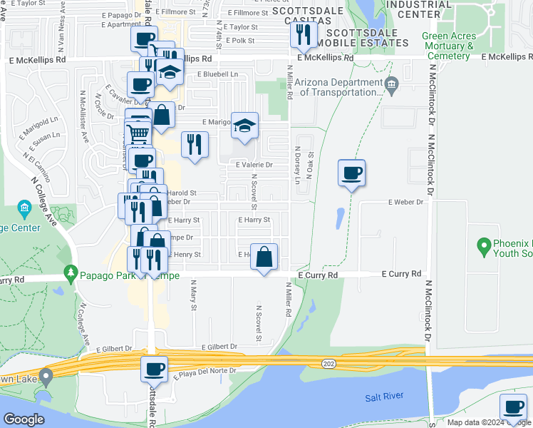 map of restaurants, bars, coffee shops, grocery stores, and more near 1215 East Weber Drive in Tempe
