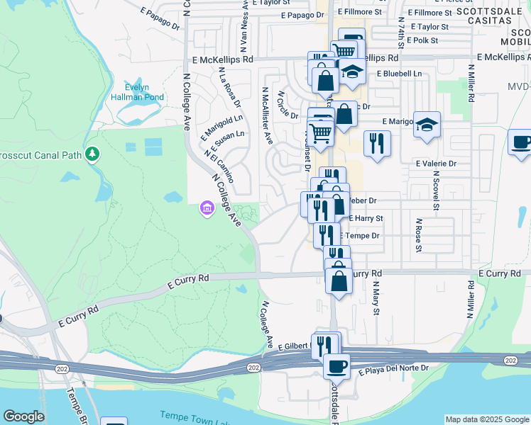 map of restaurants, bars, coffee shops, grocery stores, and more near 1423 North Gene Avenue in Tempe