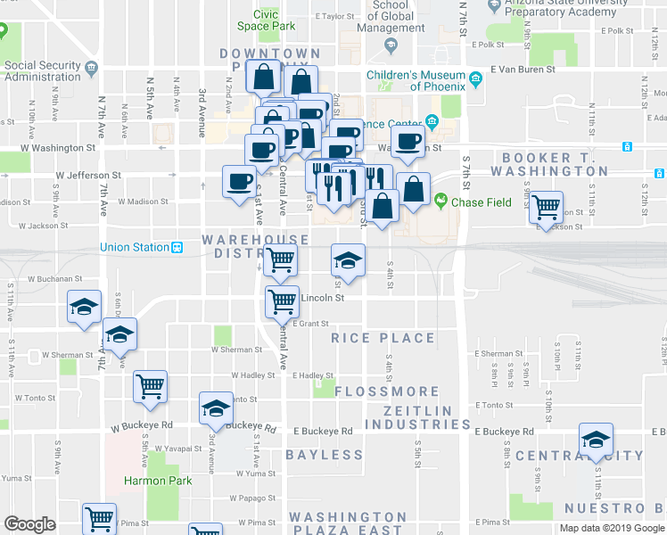 map of restaurants, bars, coffee shops, grocery stores, and more near in Phoenix