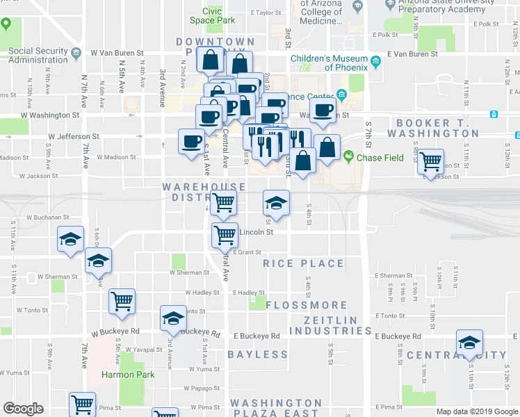 map of restaurants, bars, coffee shops, grocery stores, and more near in Phoenix