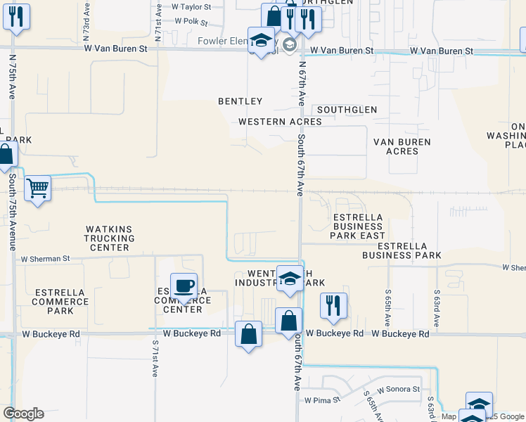 map of restaurants, bars, coffee shops, grocery stores, and more near 520 South 67th Avenue in Phoenix