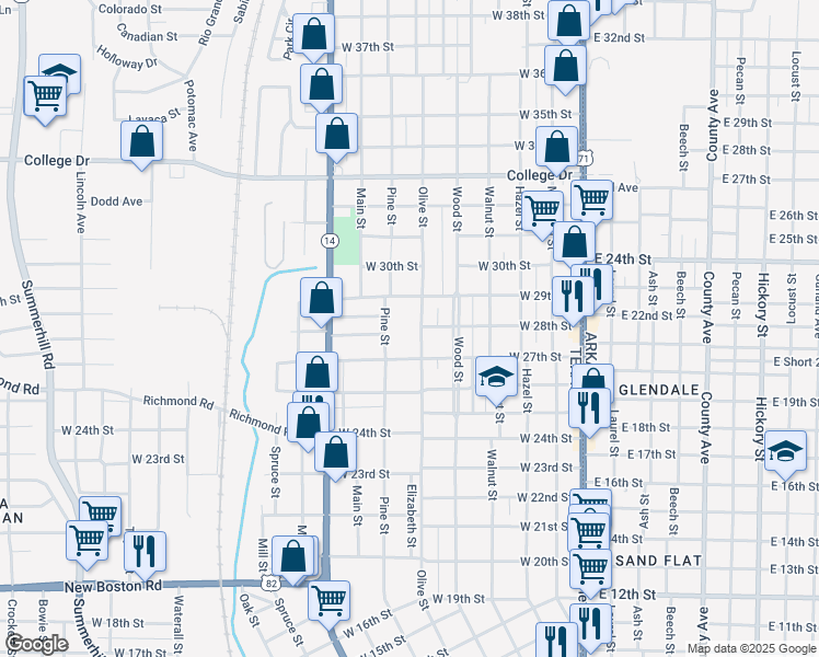 map of restaurants, bars, coffee shops, grocery stores, and more near 2821 Olive Street in Texarkana