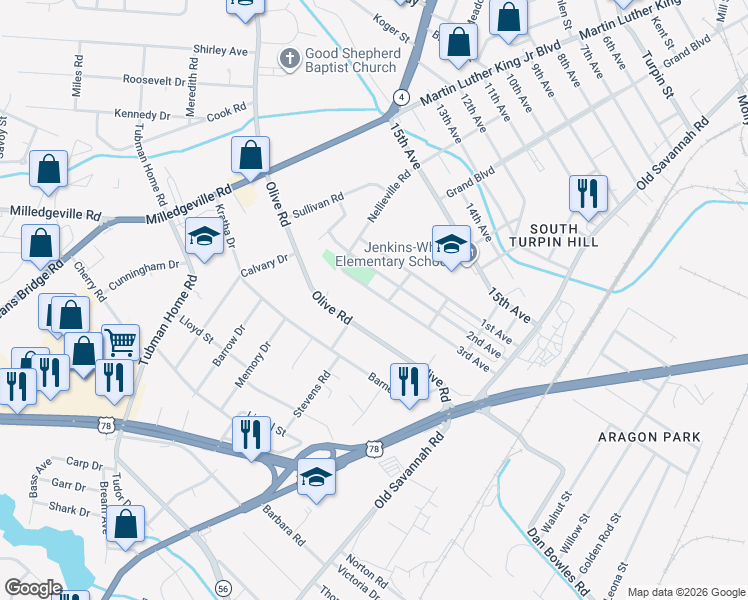 map of restaurants, bars, coffee shops, grocery stores, and more near 1916 3rd Avenue in Augusta