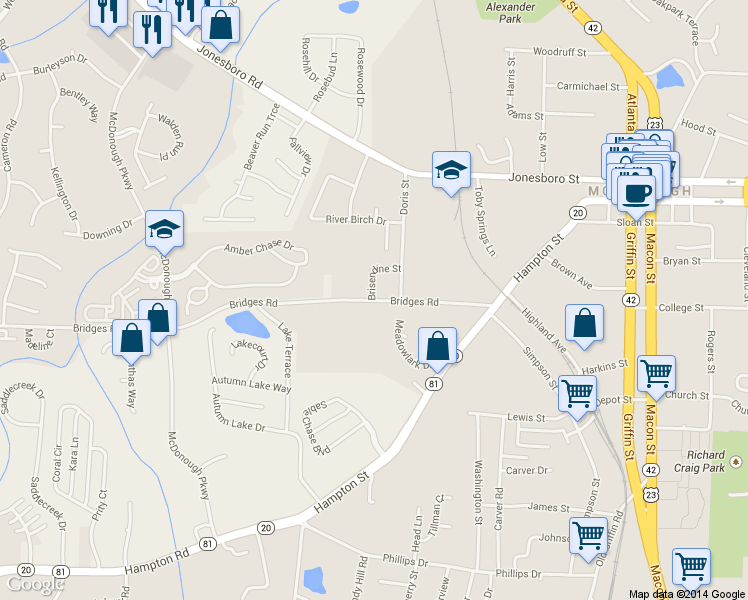 map of restaurants, bars, coffee shops, grocery stores, and more near 180 Bridges Road in McDonough