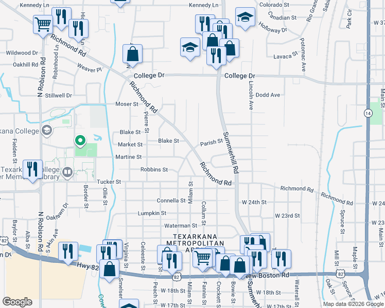 map of restaurants, bars, coffee shops, grocery stores, and more near 1003 Richmond Road in Texarkana