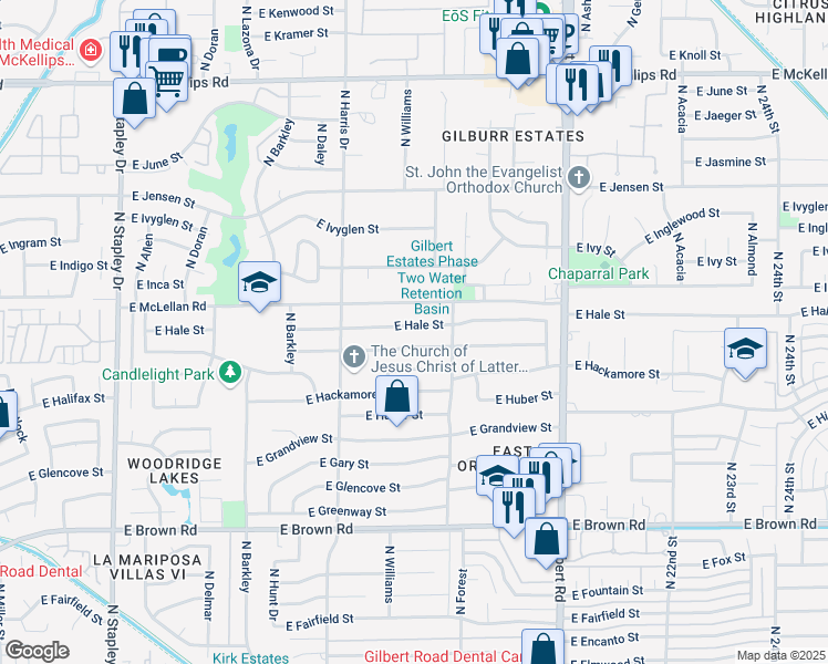 map of restaurants, bars, coffee shops, grocery stores, and more near 1720 East Hale Street in Mesa