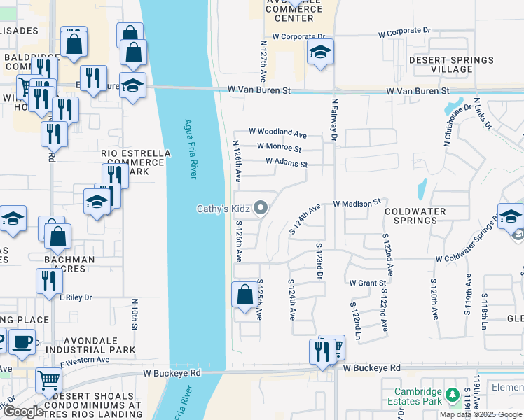map of restaurants, bars, coffee shops, grocery stores, and more near 12509 West Jefferson Street in Avondale