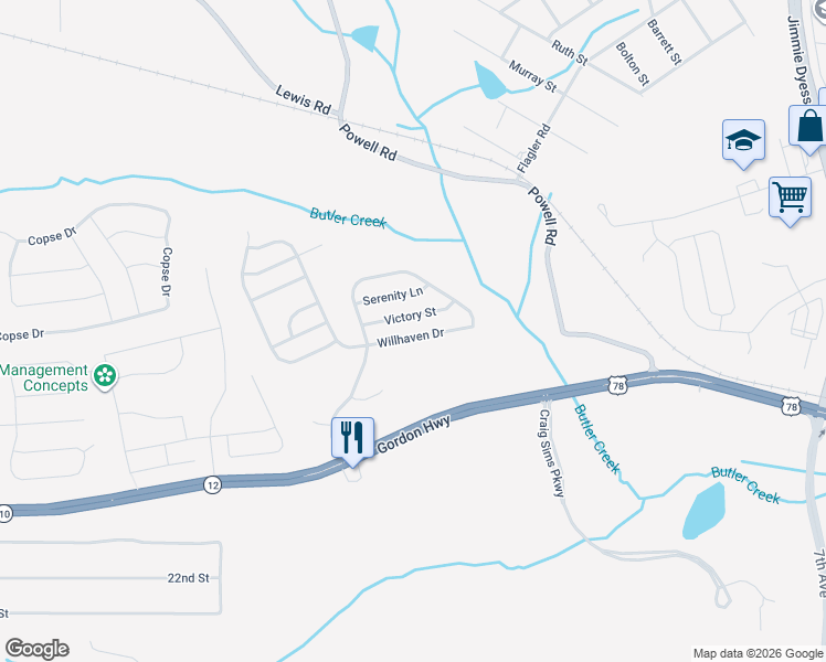 map of restaurants, bars, coffee shops, grocery stores, and more near 2144 Willhaven Drive in Augusta
