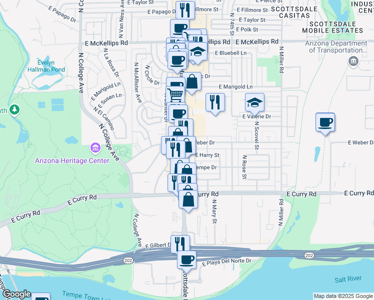 map of restaurants, bars, coffee shops, grocery stores, and more near 919 East Weber Drive in Tempe