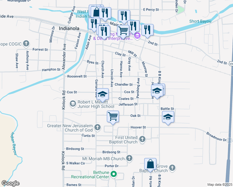 map of restaurants, bars, coffee shops, grocery stores, and more near 600-698 Hanna Avenue in Indianola