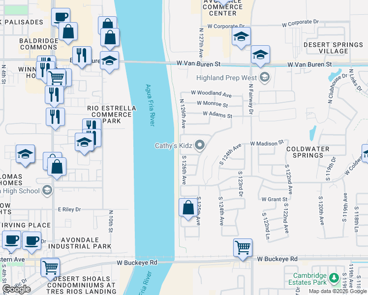 map of restaurants, bars, coffee shops, grocery stores, and more near 12534 West Madison Street in Avondale