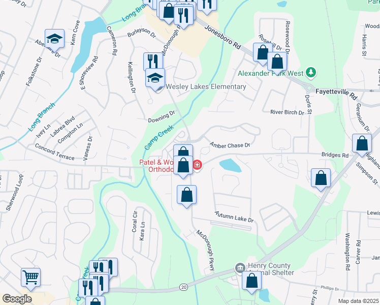 map of restaurants, bars, coffee shops, grocery stores, and more near 427 McDonough Parkway in McDonough