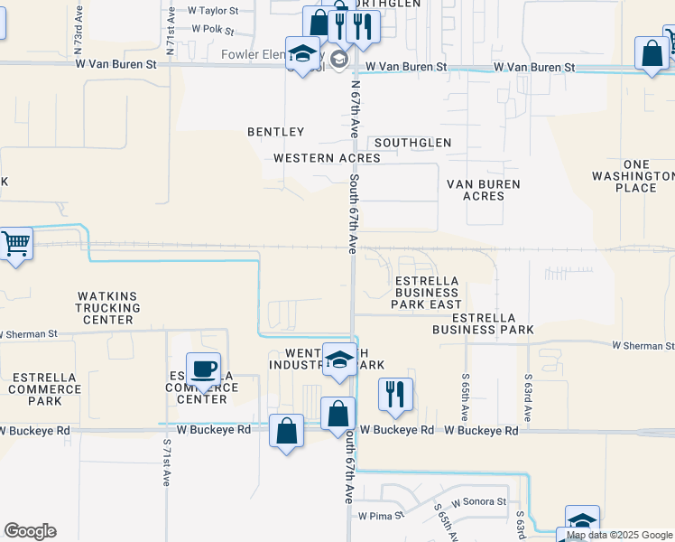 map of restaurants, bars, coffee shops, grocery stores, and more near 520 South 67th Avenue in Phoenix