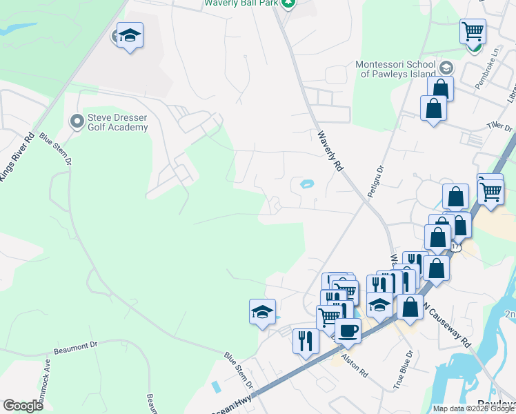 map of restaurants, bars, coffee shops, grocery stores, and more near 596 Grate Avenue in Pawleys Island
