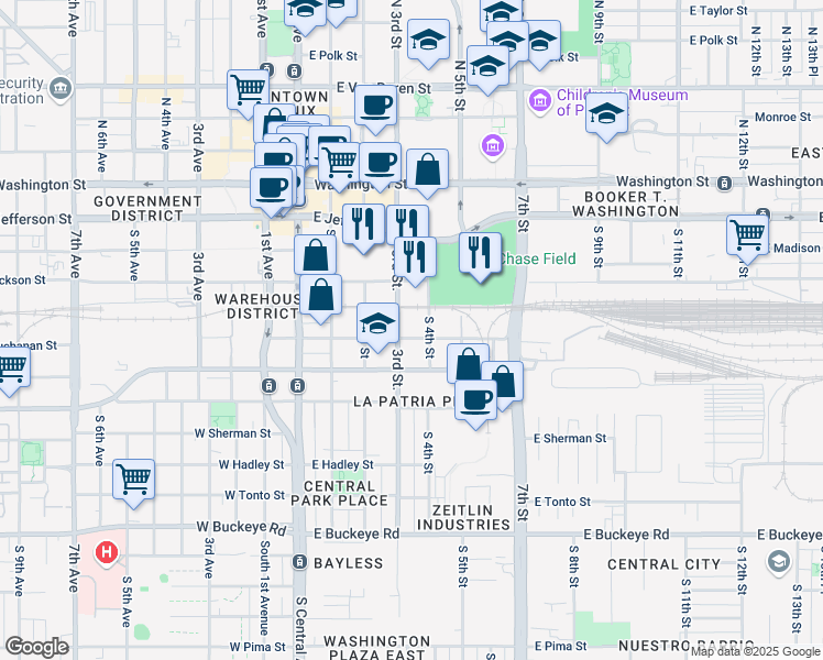 map of restaurants, bars, coffee shops, grocery stores, and more near 310 East Buchanan Street in Phoenix