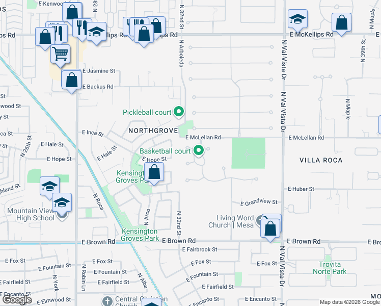 map of restaurants, bars, coffee shops, grocery stores, and more near 3208 East Hope Circle in Mesa