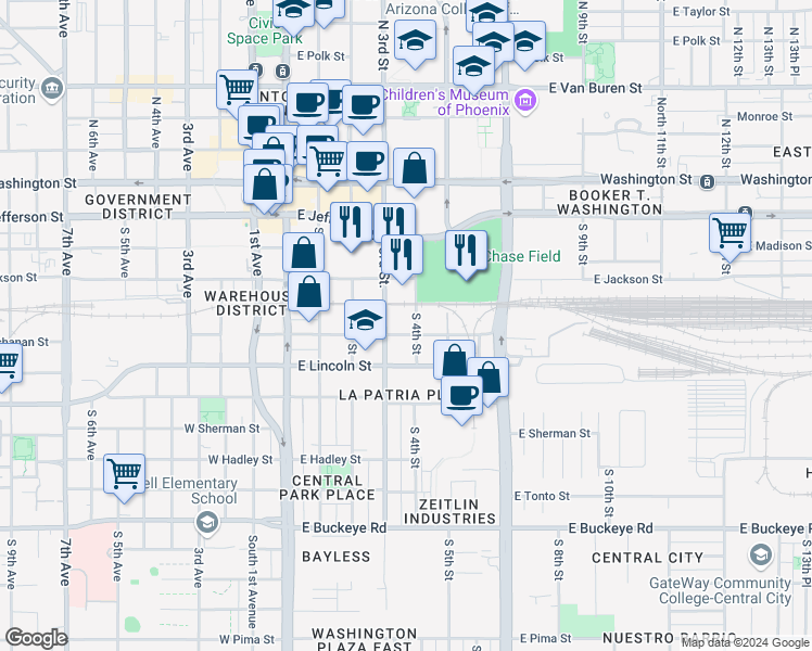 map of restaurants, bars, coffee shops, grocery stores, and more near 401 South 3rd Street in Phoenix