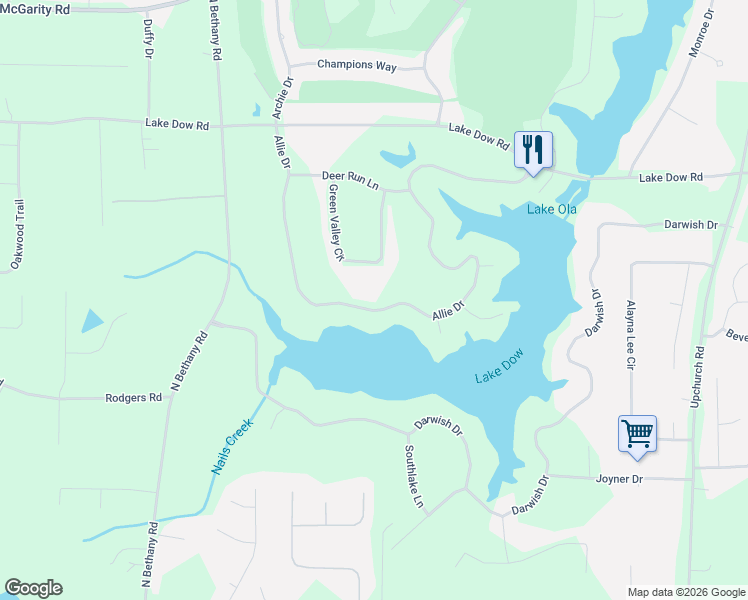 map of restaurants, bars, coffee shops, grocery stores, and more near 175 Allie Drive in McDonough