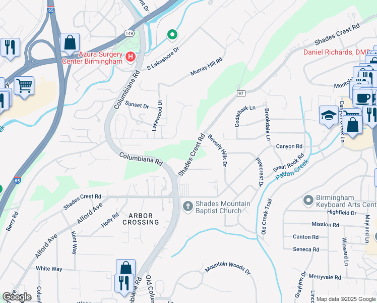map of restaurants, bars, coffee shops, grocery stores, and more near 1738 Shades Crest Road in Vestavia Hills