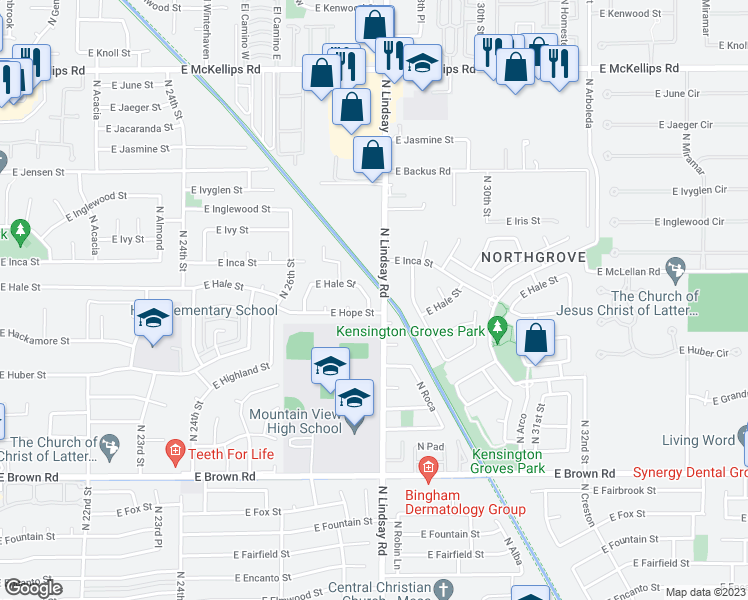 map of restaurants, bars, coffee shops, grocery stores, and more near 2756 East Hale Street in Mesa