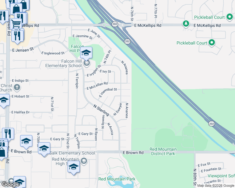 map of restaurants, bars, coffee shops, grocery stores, and more near 7517 East Hannibal Street in Mesa