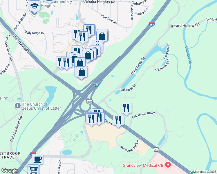 map of restaurants, bars, coffee shops, grocery stores, and more near 3500 Blue Lake Drive in Birmingham