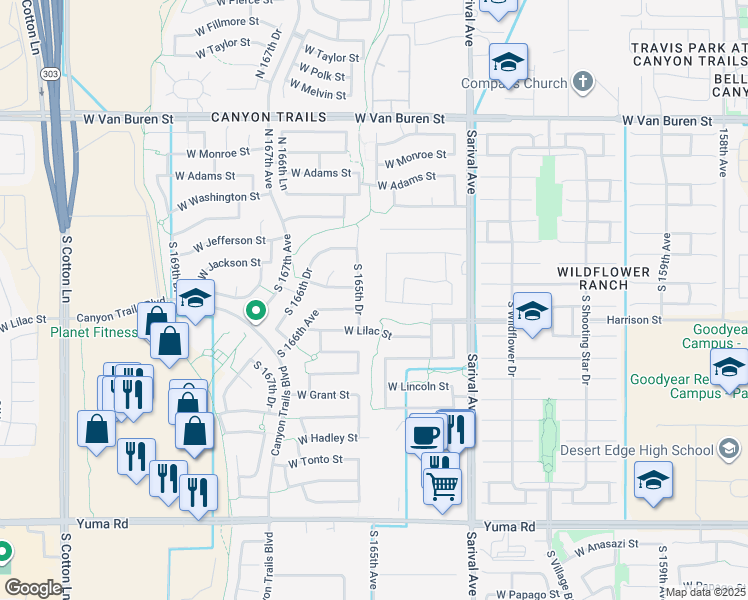 map of restaurants, bars, coffee shops, grocery stores, and more near 305 South 165th Drive in Goodyear