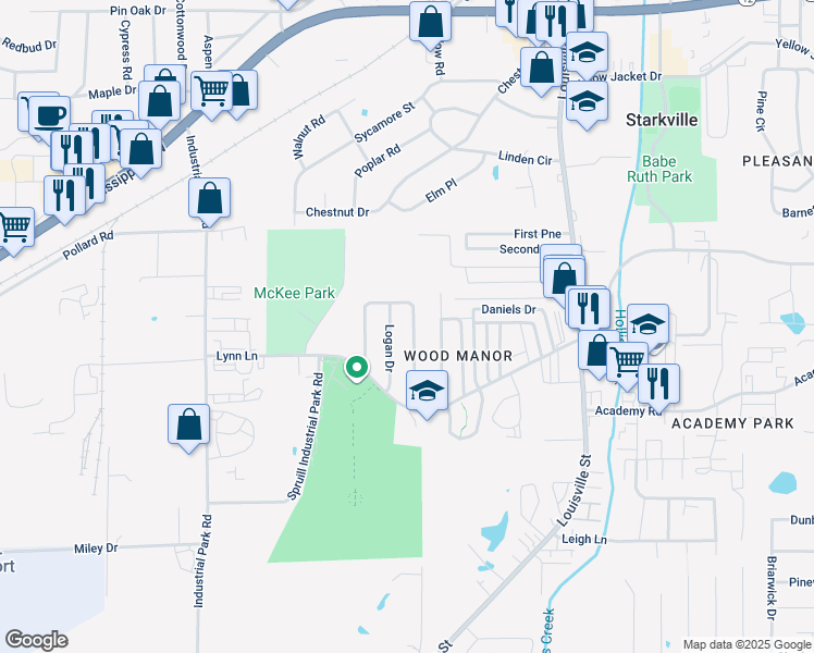 map of restaurants, bars, coffee shops, grocery stores, and more near 124 Logan Drive in Starkville