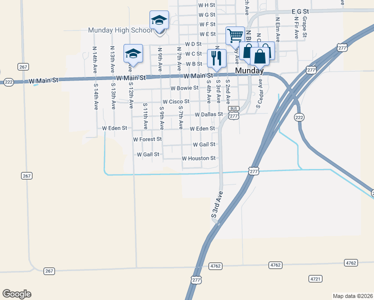 map of restaurants, bars, coffee shops, grocery stores, and more near 630 South 7th Avenue in Munday