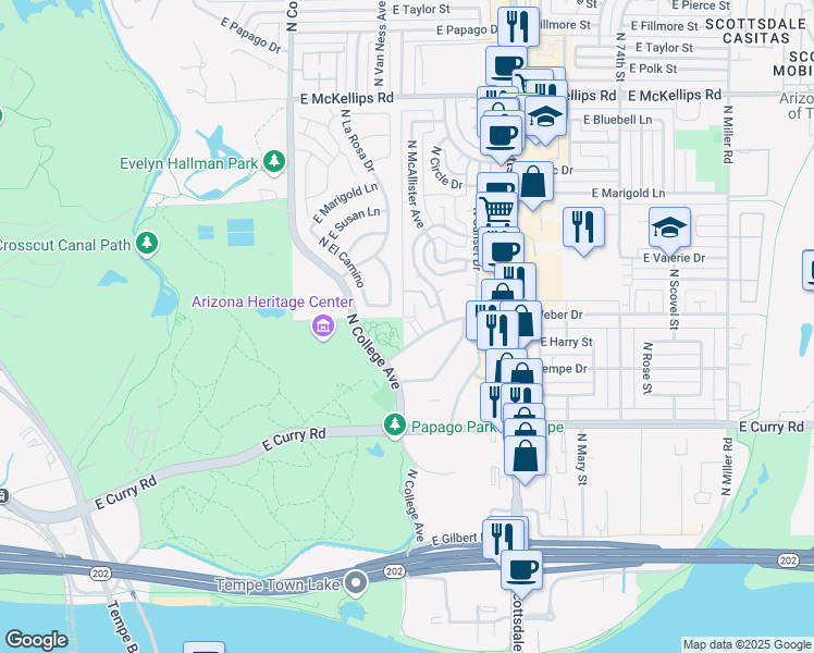 map of restaurants, bars, coffee shops, grocery stores, and more near 1423 North Gene Avenue in Tempe