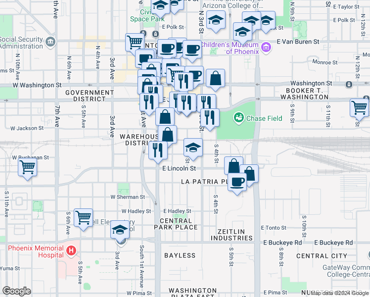 map of restaurants, bars, coffee shops, grocery stores, and more near 411 South 2nd Street in Phoenix
