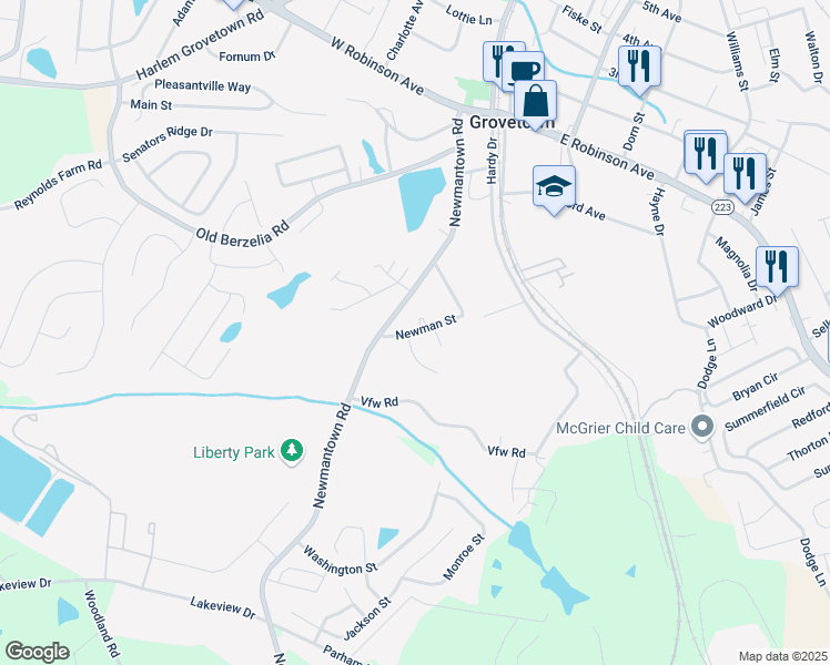map of restaurants, bars, coffee shops, grocery stores, and more near 1010 Newman Street in Grovetown