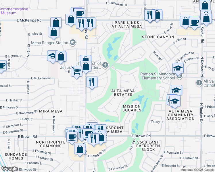 map of restaurants, bars, coffee shops, grocery stores, and more near 1547 North Sinova in Mesa
