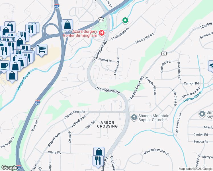 map of restaurants, bars, coffee shops, grocery stores, and more near 1725 Woodbine Drive in Vestavia Hills