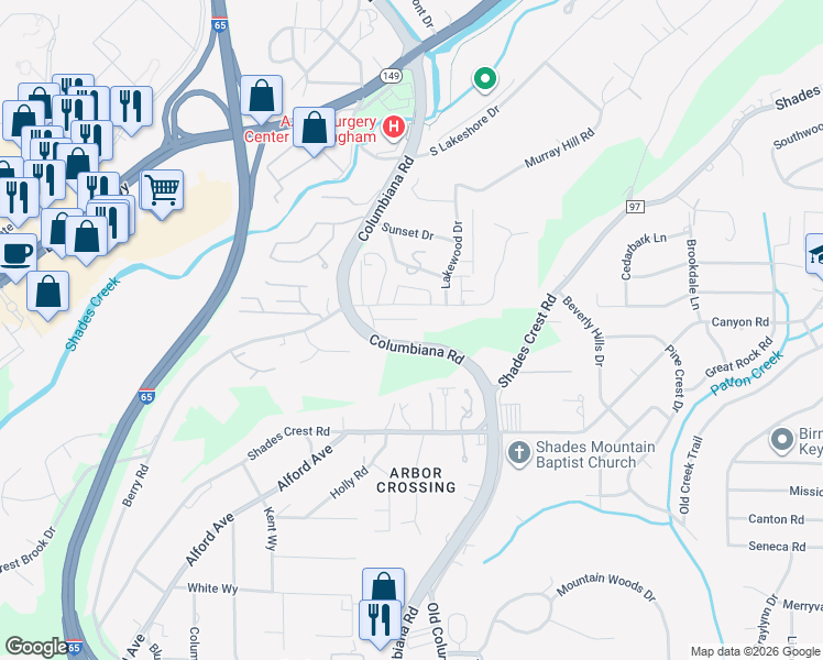 map of restaurants, bars, coffee shops, grocery stores, and more near 1725 Woodbine Drive in Vestavia Hills