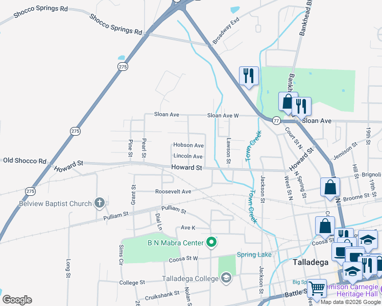 map of restaurants, bars, coffee shops, grocery stores, and more near 522 Tuskeegee Streert in Talladega