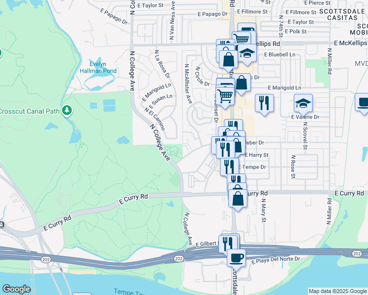 map of restaurants, bars, coffee shops, grocery stores, and more near 1423 North Gene Avenue in Tempe