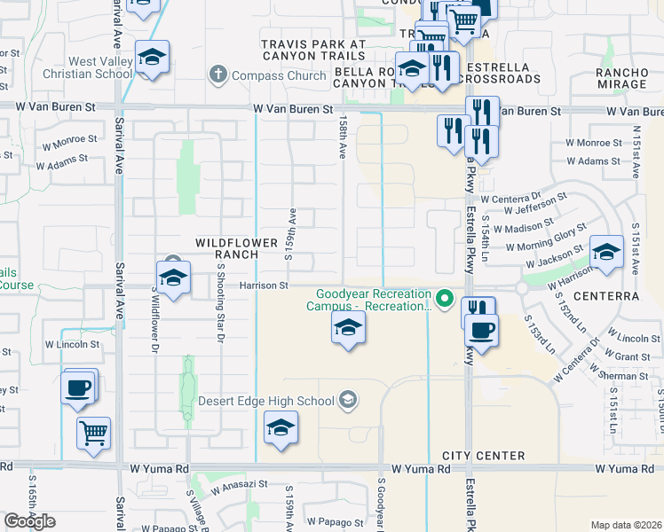 map of restaurants, bars, coffee shops, grocery stores, and more near 15833 West Morning Glory Street in Goodyear