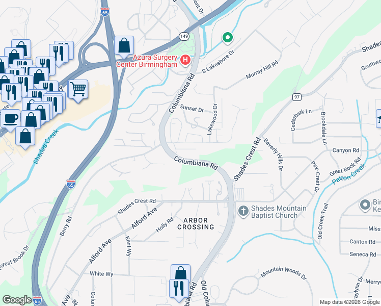 map of restaurants, bars, coffee shops, grocery stores, and more near 1725 Woodbine Drive in Vestavia Hills