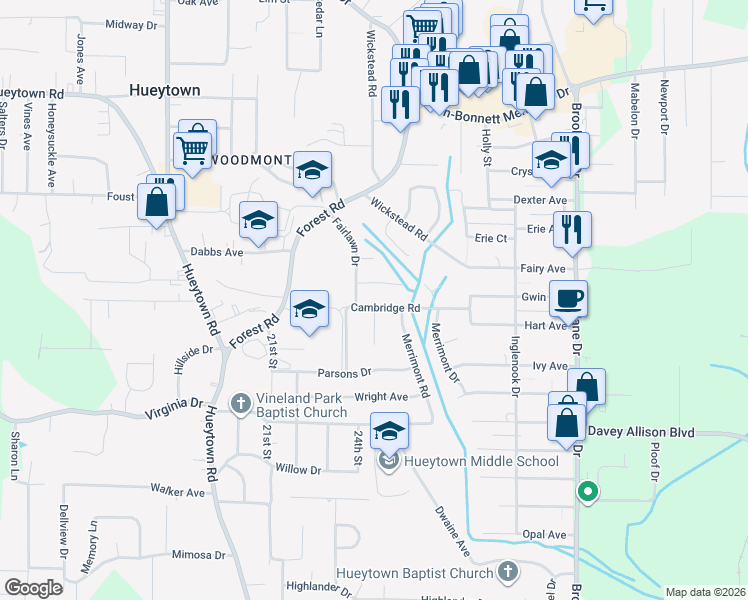 map of restaurants, bars, coffee shops, grocery stores, and more near 1004 Fairlawn Drive in Hueytown