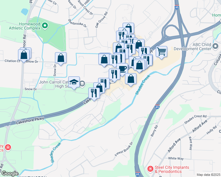 map of restaurants, bars, coffee shops, grocery stores, and more near 289 Lakeshore Parkway in Birmingham