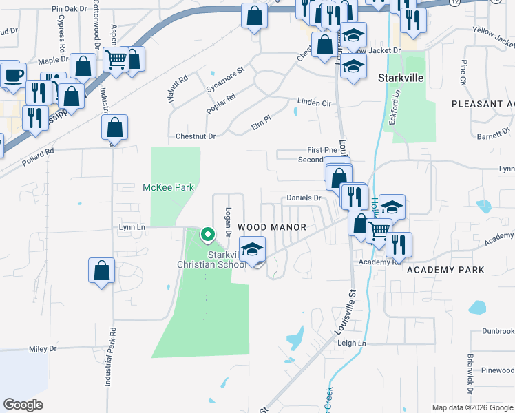 map of restaurants, bars, coffee shops, grocery stores, and more near 136 Park Circle in Starkville