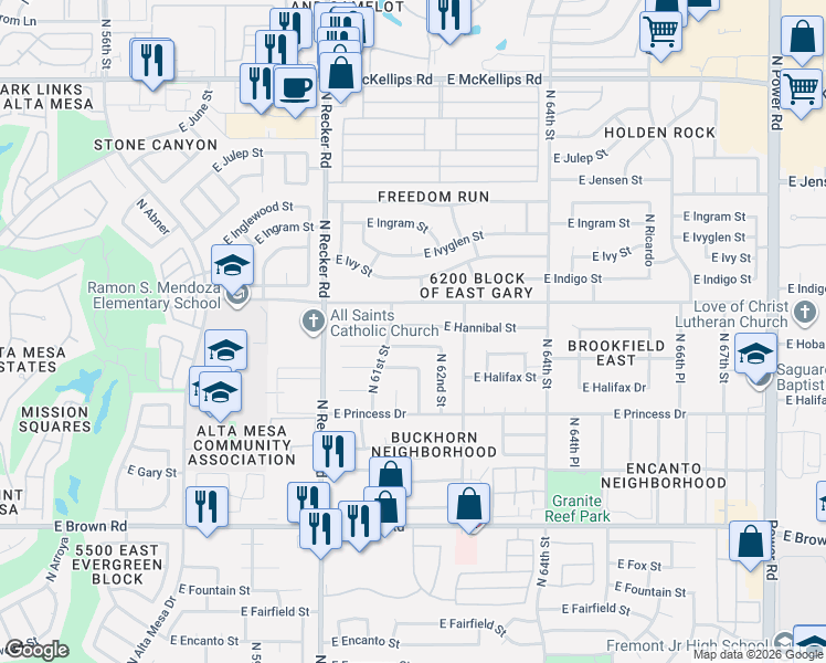 map of restaurants, bars, coffee shops, grocery stores, and more near 6154 East Hannibal Street in Mesa