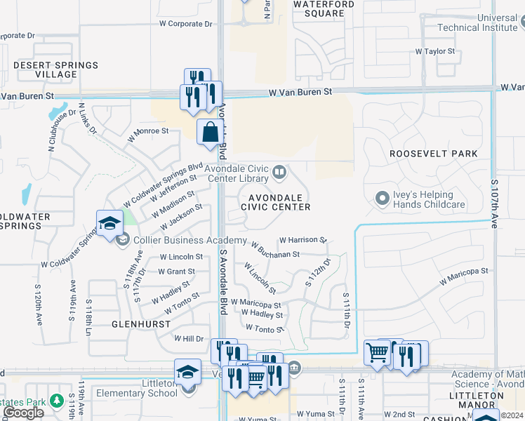 map of restaurants, bars, coffee shops, grocery stores, and more near 11325 Civic Center Drive in Avondale