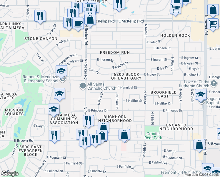 map of restaurants, bars, coffee shops, grocery stores, and more near 6154 East Hannibal Street in Mesa
