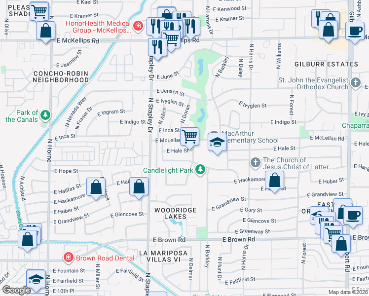 map of restaurants, bars, coffee shops, grocery stores, and more near 1313 East McLellan Road in Mesa
